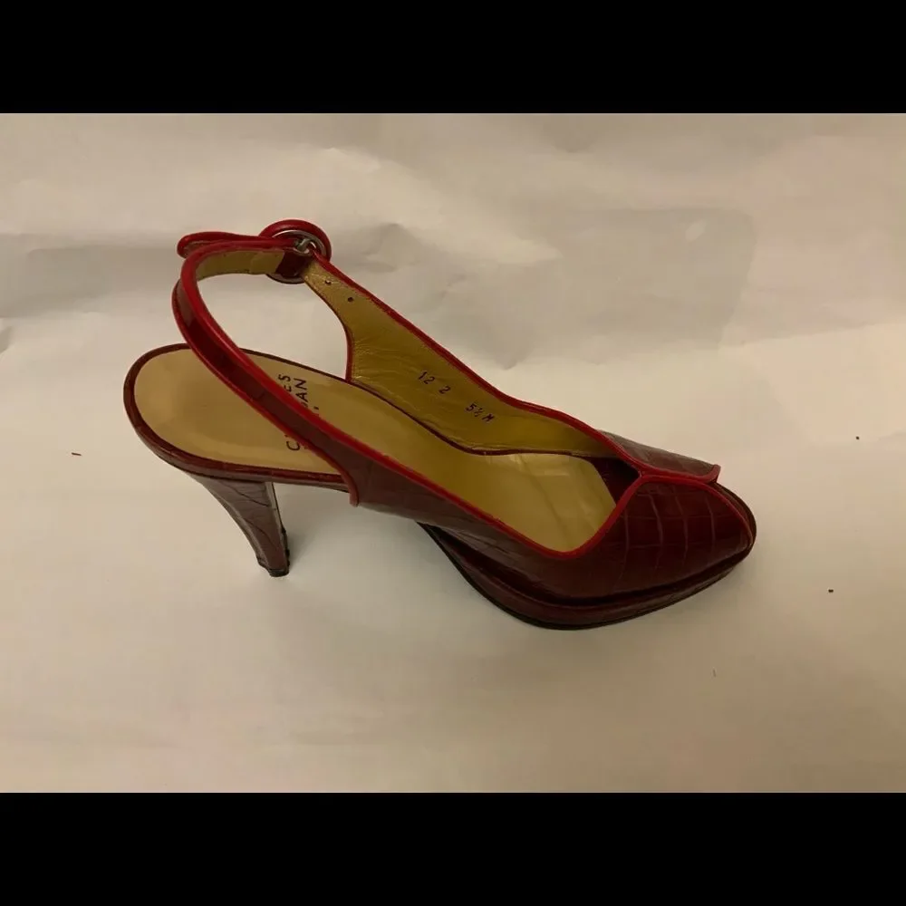 Charles Jourdan Red Alligator Print Peep Toe Heels  Size 5-1/2 M